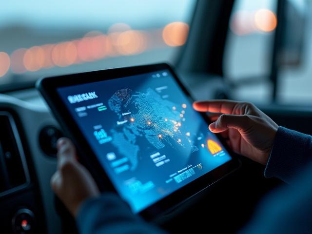 Modern logistics tablet dashboard showing GPS fleet tracking across a map
