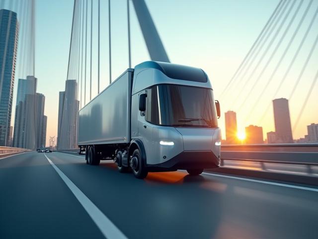 High-performance electric freight truck cruising through a modern urban bridge landscape